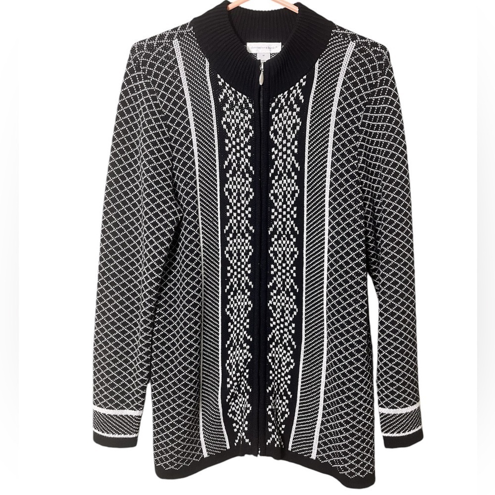 Christopher & Banks Black White Fair Isle Knit Zip Cardigan Sweater Medium‎ Cozy